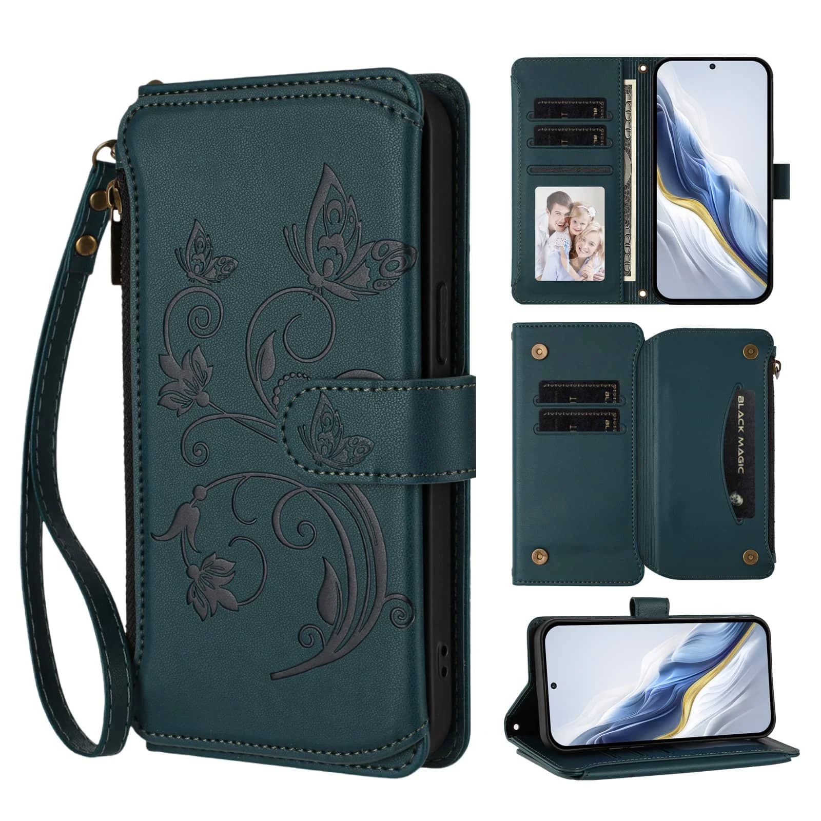Per Samsung Galaxy S25 Edge S25 S24 Ultra S24 FE Custodia, Custodia a portafoglio con fiori con blocco RFID, cerniera, slot per schede, cinturino da polso