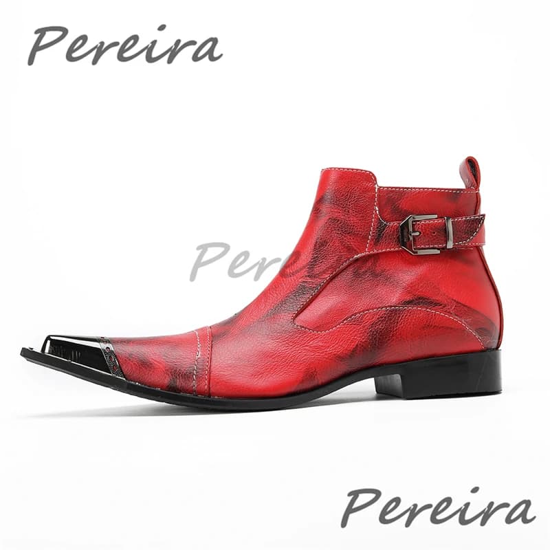 Men's Boots with Black Red Iron Tip Boots genuine leather printed with fashionable belt buckle New feast shoes for banquets