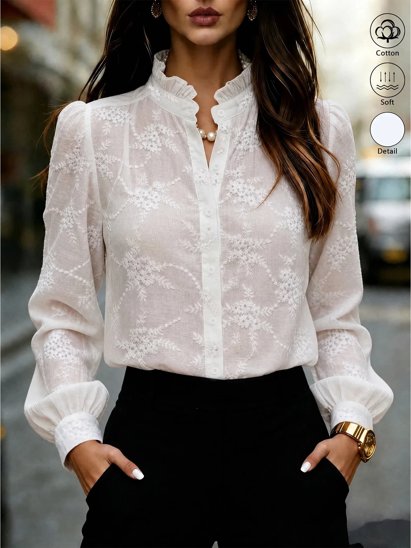 Women's 100% Cotton Stand-Collar Shirt with Lettuce-Edge Trim and Allover Floral Embroidery