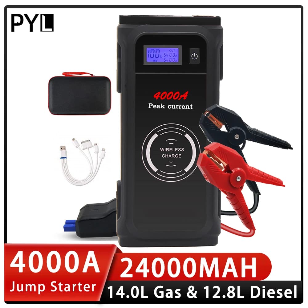 Avviatore di emergenza per auto portatile 4000A Power Bank 24000mAh Emeygency Strumenti per veicoli Dispositivo di avviamento per auto 12V con ricarica wireless