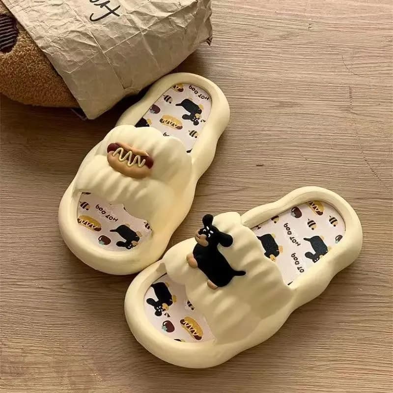 Cartoon Hot Dog Women's Slippers Indoor Outdoor Soft Bottom Anti-Slip Summer Slippers Casual round Toe Flat Heel PVC