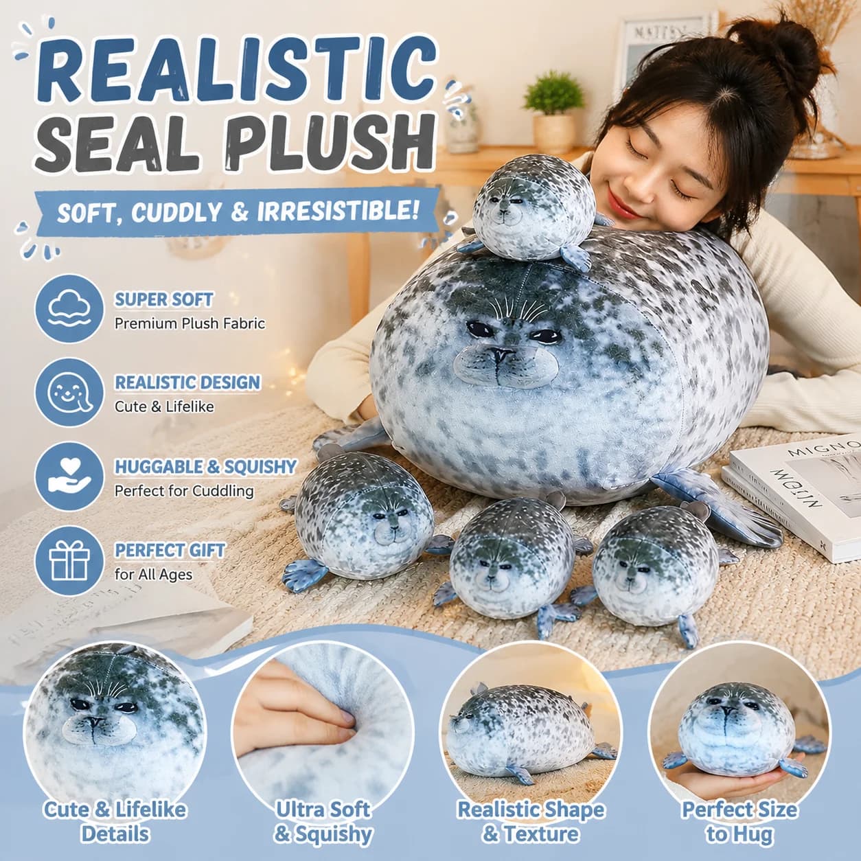 Realistic Soft Fluffy Osaka Seal Plush Stuffed Animal Toy Pillow Cushion Aquarium Souvenir Kawaii Gift for Kids Adults