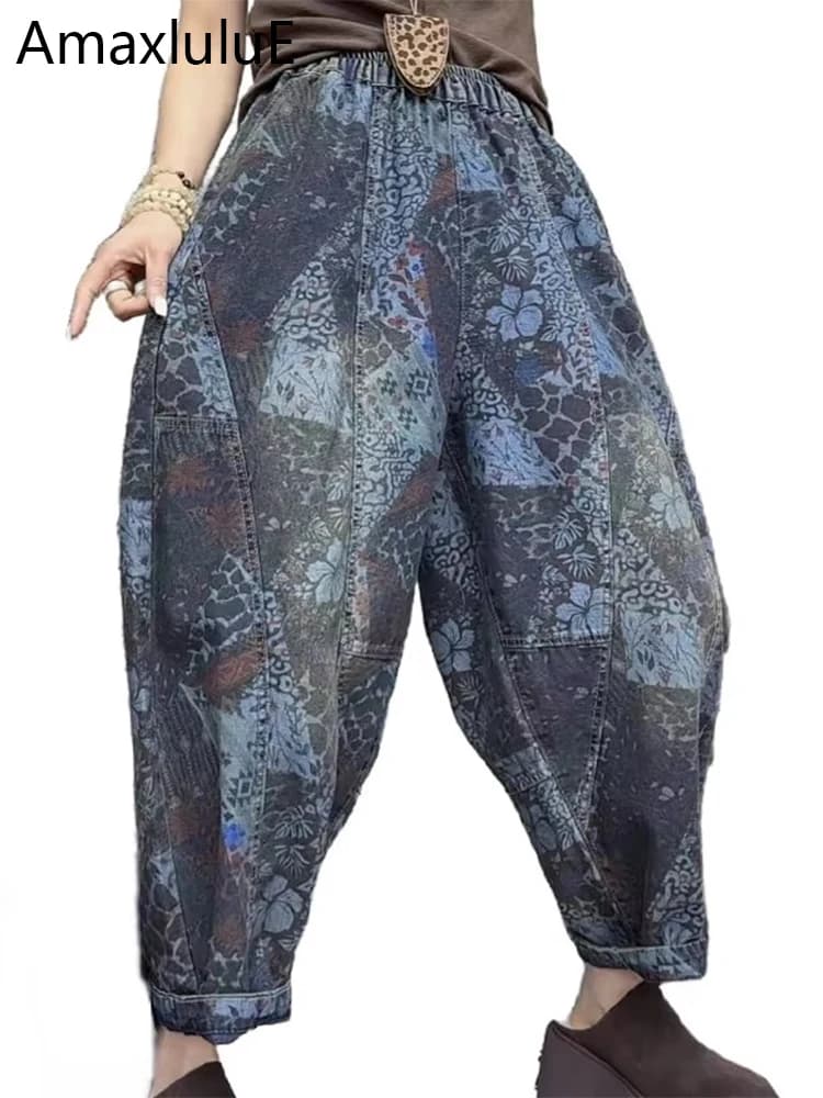 Amax luluE Pantaloni in denim stampati punk classici primaverili da donna Moda donna Jeans larghi casual Streetwear Pantaloni Harem vintage