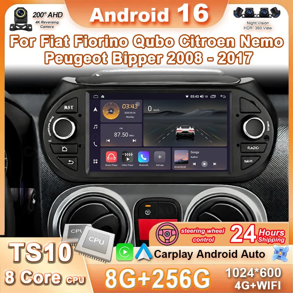 Android 16 Auto Autoradio Lettore Video Multimediale CarPlay Per Fiat Fiorino Qubo Citroen Nemo Peugeot Bipper 2008-2017 strumenti GPS