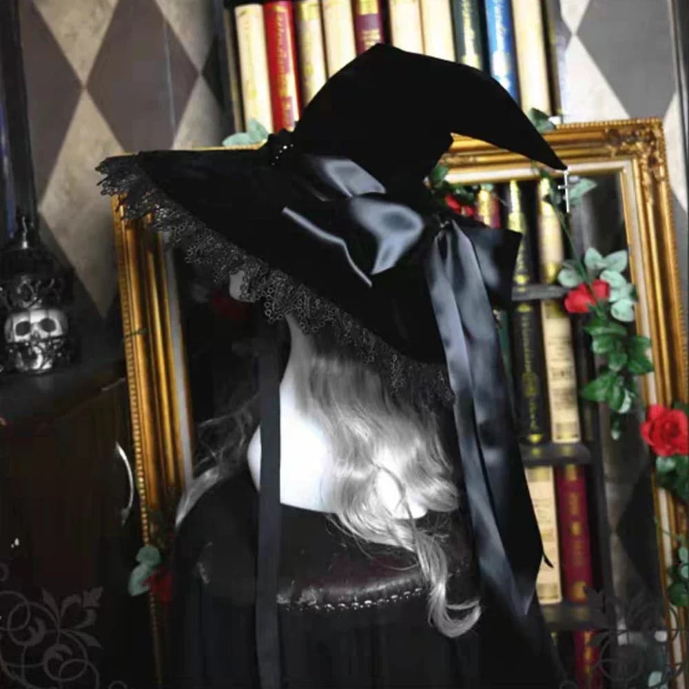 Cappelli a punta da strega in pizzo fatti a mano Fasciatura con fiocco Cappello da mago Costume cosplay Lolita gotico per adulti Cappello da pescatore per festa di Halloween