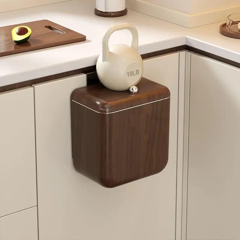 Wood grain kitchen trash can, household hanging type, no bending, large capacity bathroom, toilet, antique style with lid