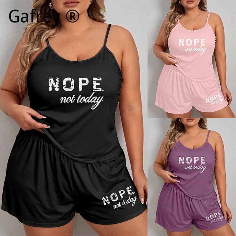 Women's Summer Pijama Plus Size 3XL 5XL with Print Lettering, Set Two Pieces Canotta and Shorts, Comfortable and Versatile for Free Time