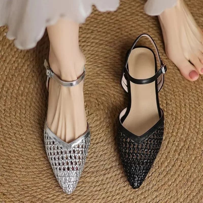 Sandali francesi a punta intrecciati con tacco alto, in pelle a rete traspirante, scarpe estive alla moda da donna a punta aperta di grandi dimensioni
