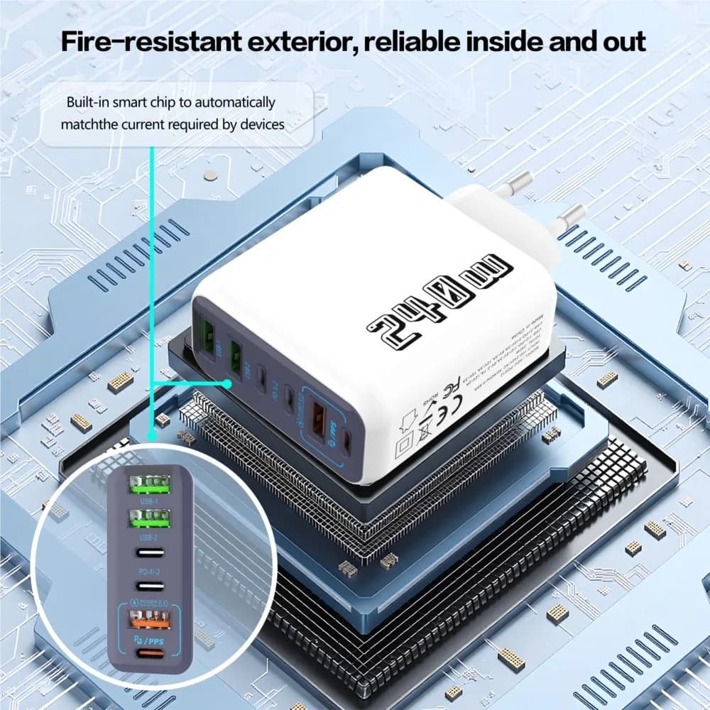 6 Ports 240W Fast Charging USB Type C Charger US EU PD 3.0 Quick Charge Travel Wall Charger Phone Adapter For iPhone Samsung
