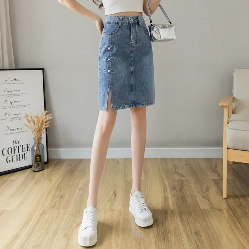 Beaded High Waist Midi Jeans Skirt for Women Summer 2026 Slim Fit A Line Bodycon Dress with Split Thin Fabric