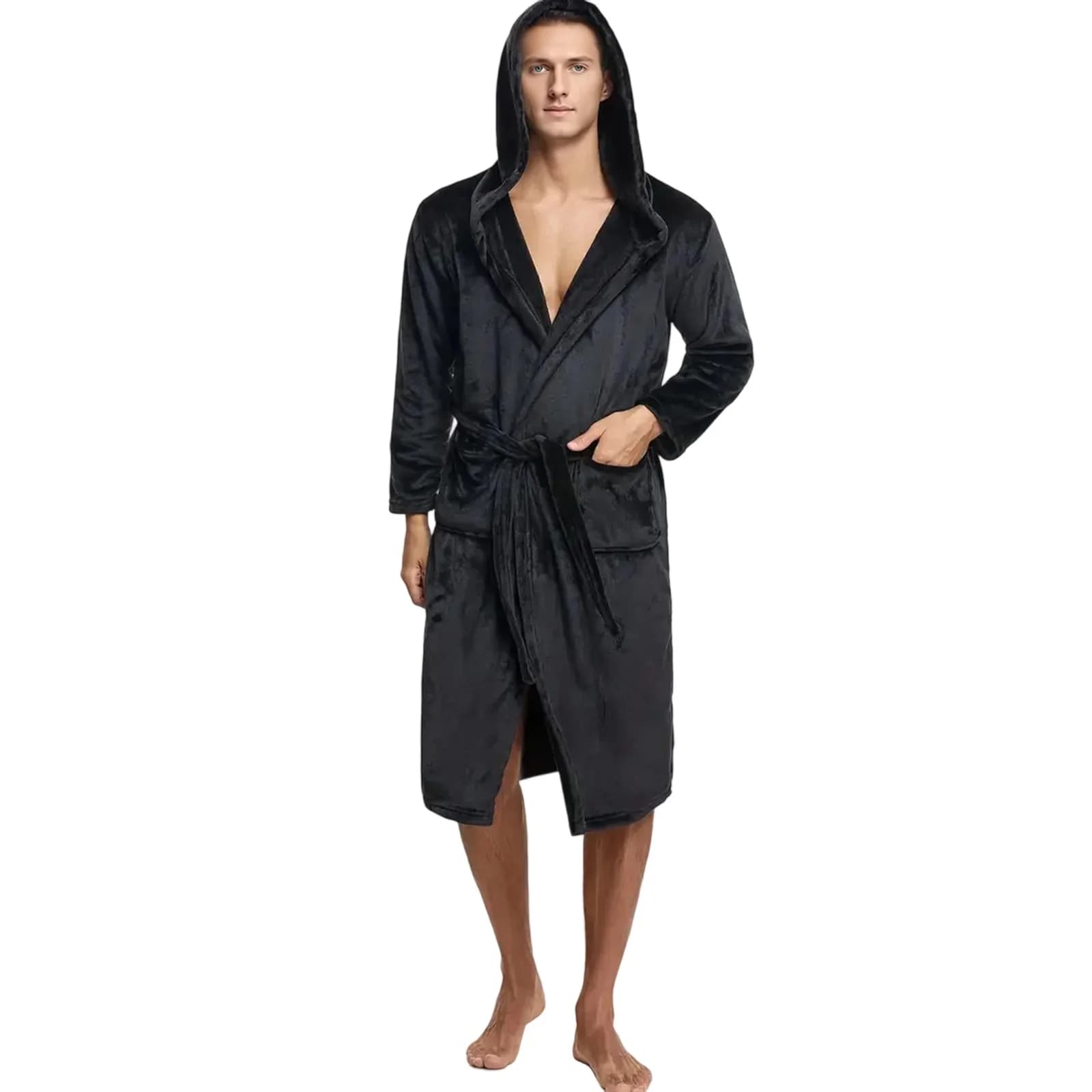 Men's bathrobe with fleece hood plush, soft and warm, long, with pockets, cozy spa shower robe