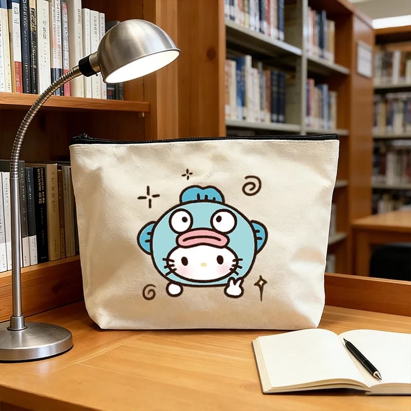 Borsa per cosmetici in tela Hello Kitty, graziosa custodia per articoli da toeletta con cartoni animati per viaggi e uso quotidiano, design con apertura e chiusura a cerniera