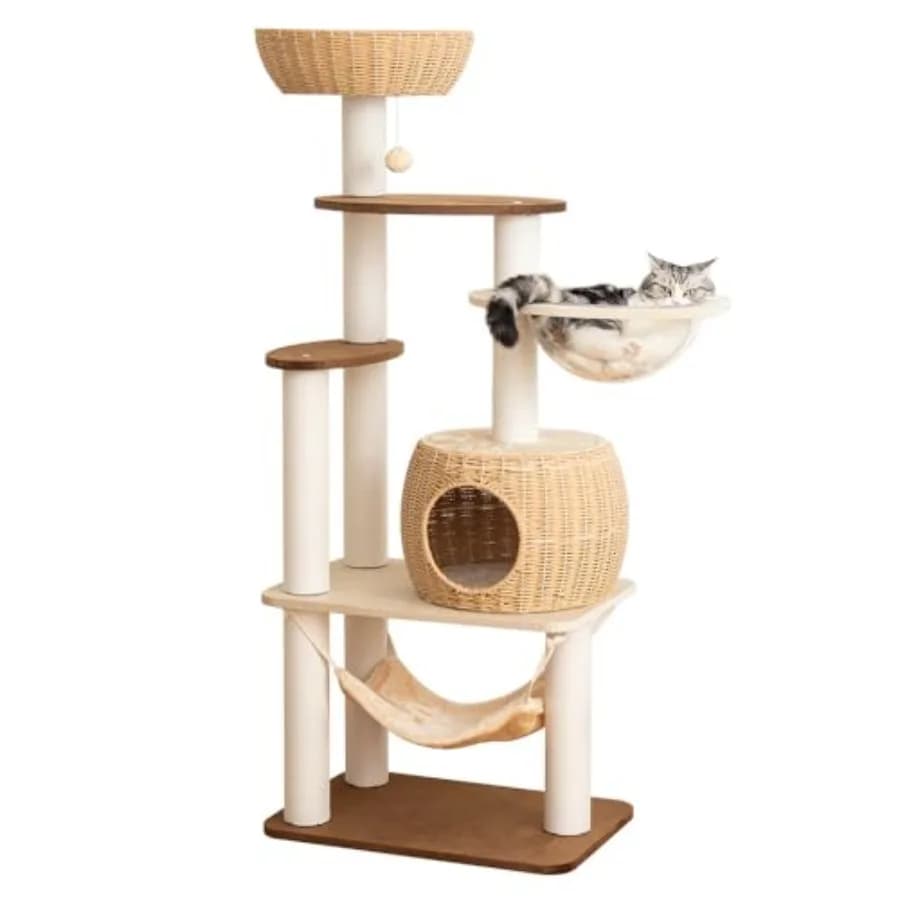 Albero per Gatti in Legno Grande da 144 cm per Gatti Multipli con Terrazza Panoramica in Truciolato, Adatto per Estate e Inverno