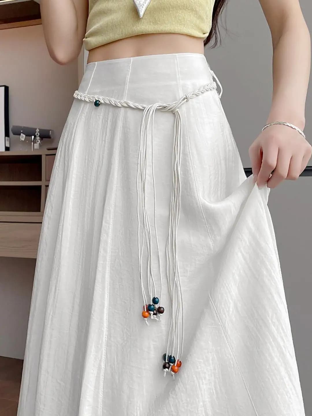 Nuova Gonna Midi a Vita Alta con Cintura, Modello A-Line, da Donna, Estiva, con Ampio Volant, Stile Coreano, Casual, in Fibra di Poliestere, Collezione 2026