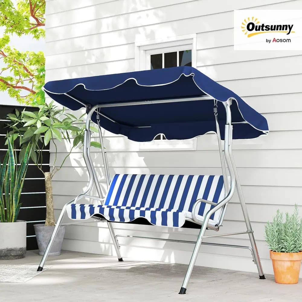 Dondolo da Veranda for 3 Persons with Tettuccio, Dondolo da Patio, Panca a Dondolo da Esterno con Tettuccio Adjustbile, Cushion and Frame in Steel