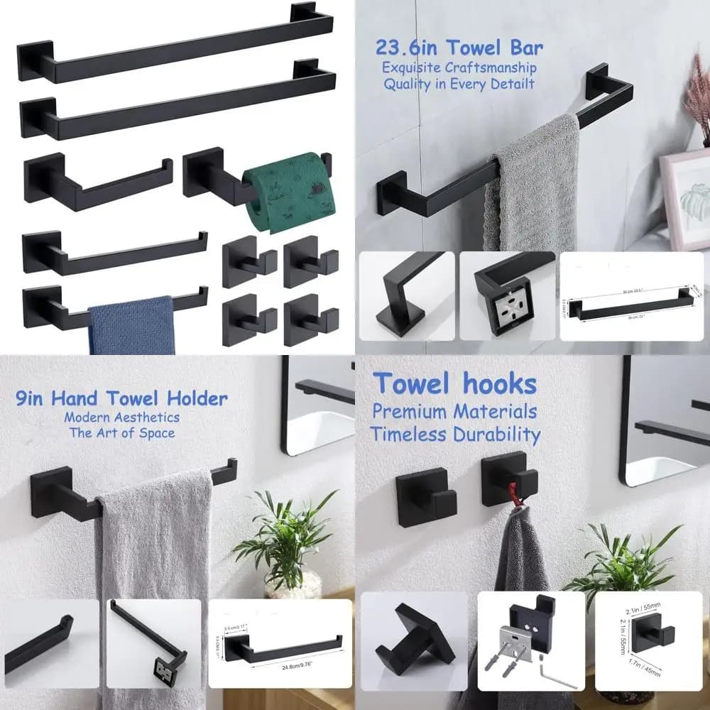 Set portasciugamani da 10 pezzi nero opaco Accessori da bagno in acciaio inossidabile SUS304 con 2 portasciugamani e 2 ganci portasciugamani per Modern Ho