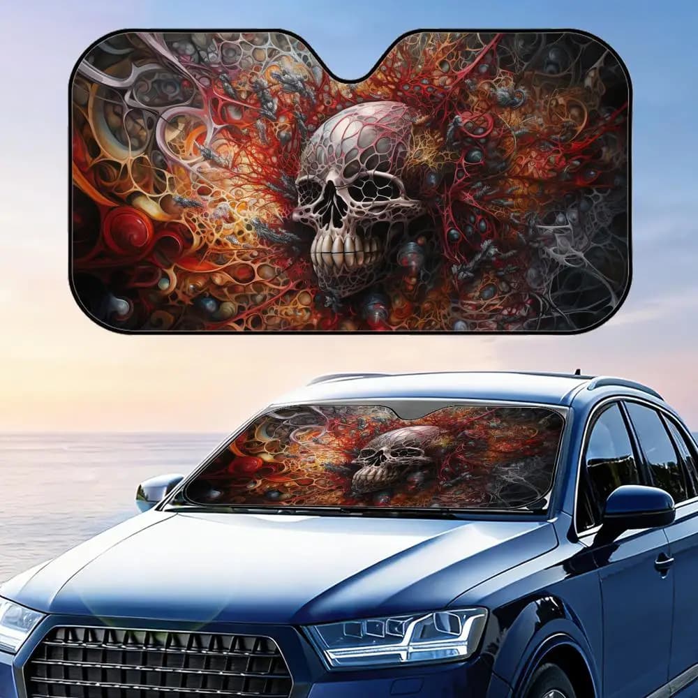 Parasole per auto pieghevole con teschio astratto, protezione UV, isolamento termico riflettente, copertura riutilizzabile