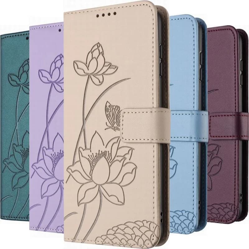 Phone Case with Lotus Shaped Floral Pattern for Samsung Galaxy M55 M56 S22 S21 S20 FE Note 20 Ultra 10 Plus, with Card Holder and Integrated Support
