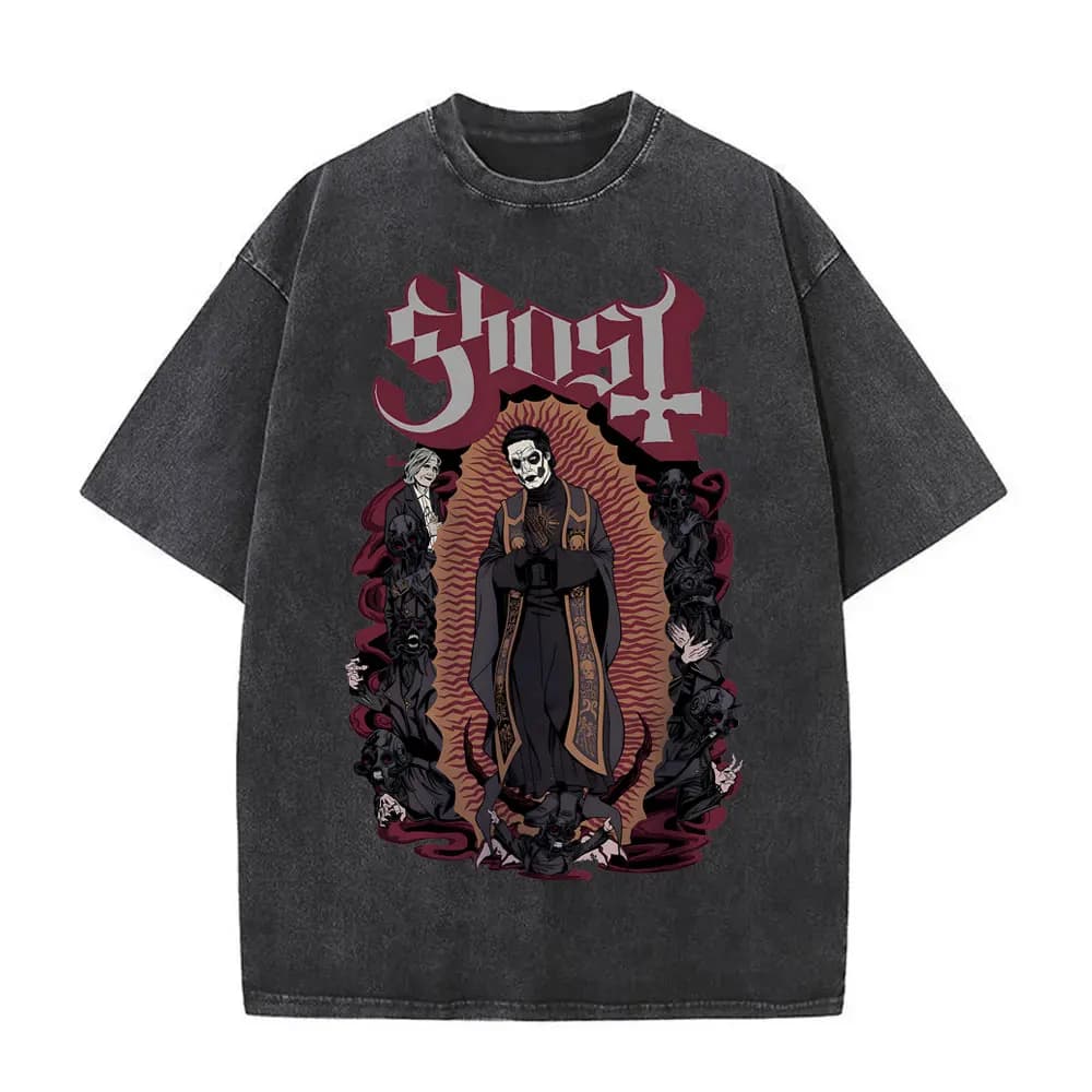 Lavato Vintage uomo donna cotone sciolto magliette oversize Ghost Band Graphic T Shirt moda maschile Gothic Rock Metal Music T-Shirt
