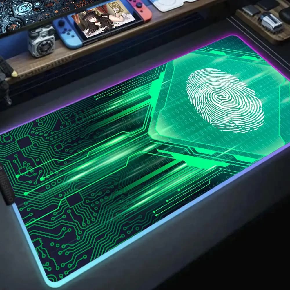 Tappetino per mouse con impronte digitali da hacker, accessori per ufficio, controllo RGB, figure anime hentai, gaming XXL, popolare tra i gamer, illuminazione LED per computer