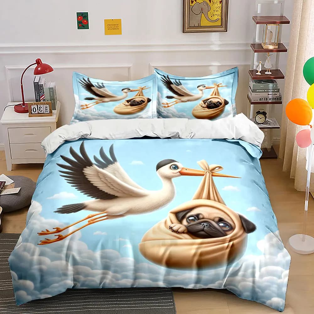 Set copripiumino con motivo fenicottero che porta un cucciolo, stampa digitale, biancheria da letto colorata in poliestere con chiusura a cerniera, ideale come regalo per bambini