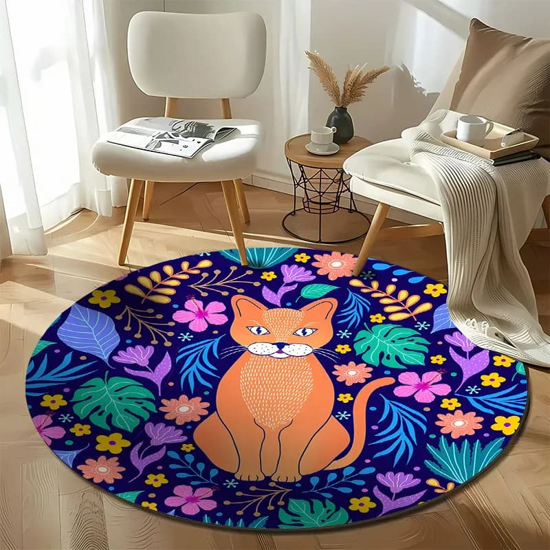 Free shipping! Colorful Cat and Floral Round Rug for Playful Spaces round carpet for home sofa bedroom, gift
