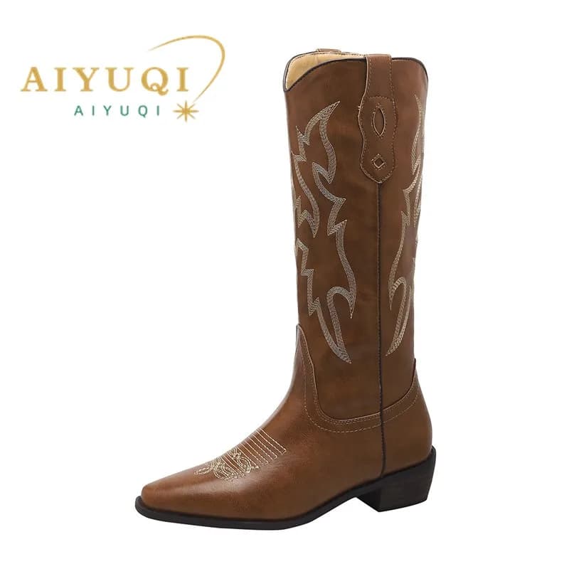 AIYUQI Women's Western Cowboy Boots 2026 New Fall Thick-Heeled Embroidered Riding Boots Retro Plus-Size Long Boots Wome