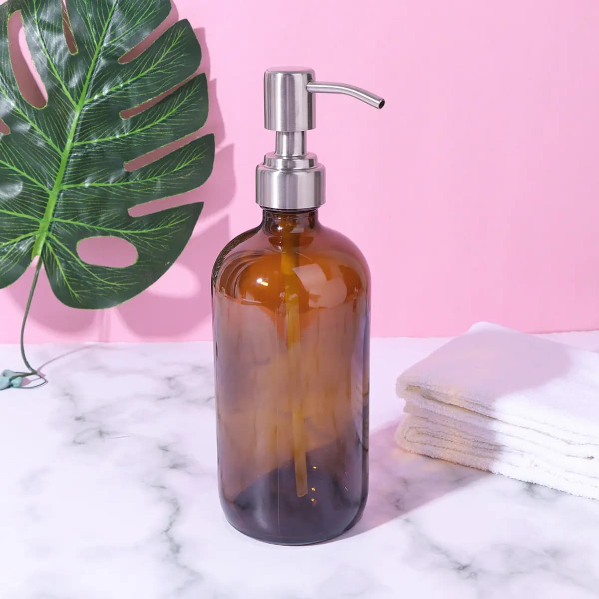 Flacone Vuoto in Vetro Marrone da 500ml con Pompa in Acciaio Inossidabile, Dispenser Ricaricabile per Shampoo, Bagnoschiuma, Sapone Liquido, Lozione da Viaggio