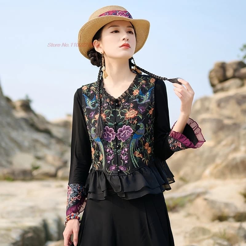 2026 chinese vintage v-neck vest national flower embroidery satin jacquard vest sleeveless jacket lace patchwork vest hanfu tops