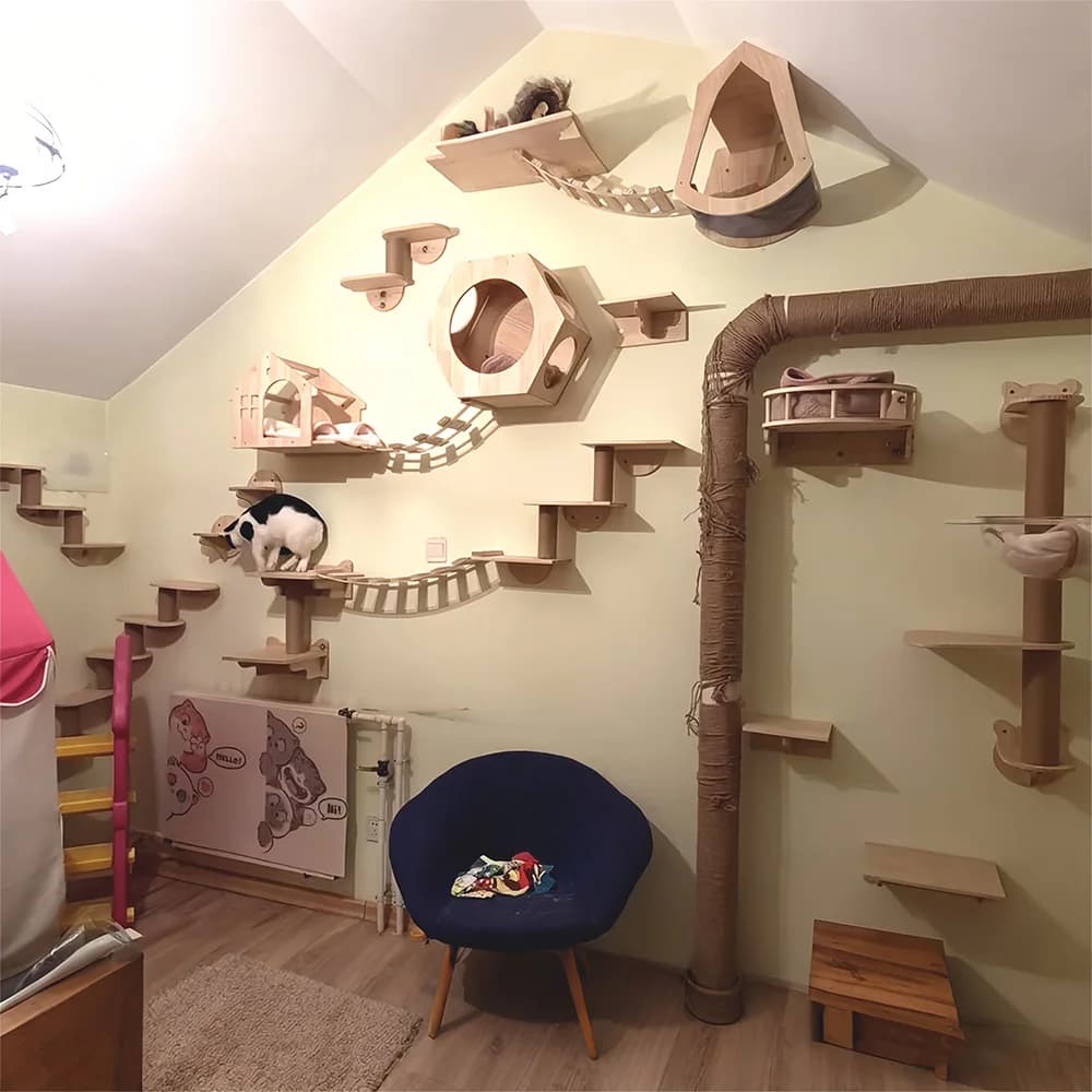 Sistema di mobili da parete per gatti Posate per gatti in legno Tiragraffi in sisal e amaca Parco giochi per gatti a parete per arrampicata con gattini