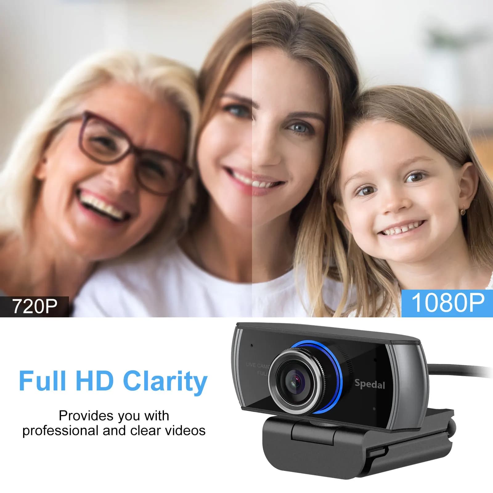 Webcam HD 1080P MF 30fps USB con Microfono per Riunioni su Computer, Compatibile con Windows, Mac e Linux