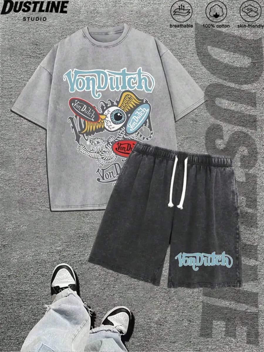 Set di t-shirt e pantaloncini in cotone da uomo con grafica vintage, abbigliamento casual estivo streetwear