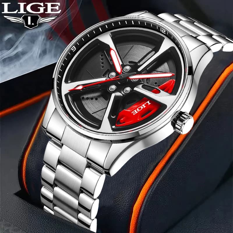 Orologio da uomo LIGE, unico e creativo, al quarzo, con cinturino in acciaio, casual, sportivo, impermeabile, con quadrante luminoso a ruota rotante, con confezione regalo.