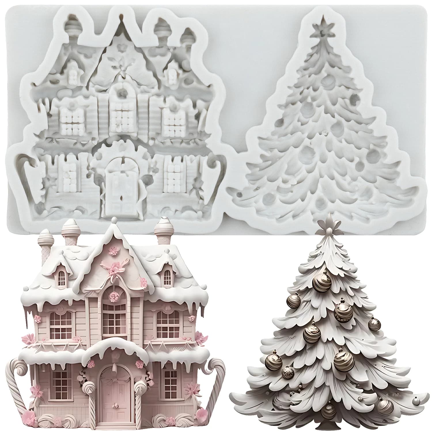 Stampo in silicone per albero di Natale Casa di Natale Strumenti per decorare torte fondente Cupcake Topper Cioccolato Artigianale Pasta di gomma Argilla polimerica