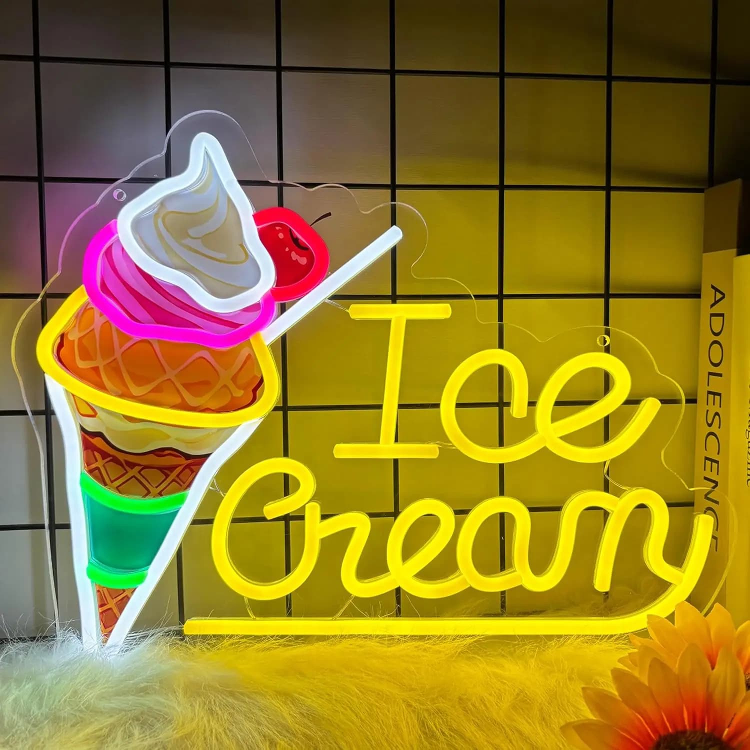 Insegna al Neon a Forma di Gelato – Luce LED USB Dimmerabile per Decorazione Murale, Perfetta per Casa, Attività Commerciale, Bar, Negozio, Pub, e Idea Regalo