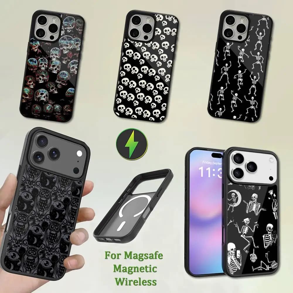 Cover magnetica per ricarica wireless Magsafe con design artistico a teschio di Halloween per iPhone Mini, 13, Max, 11, 15, 17, 14, Plus, 12, Pro, 16