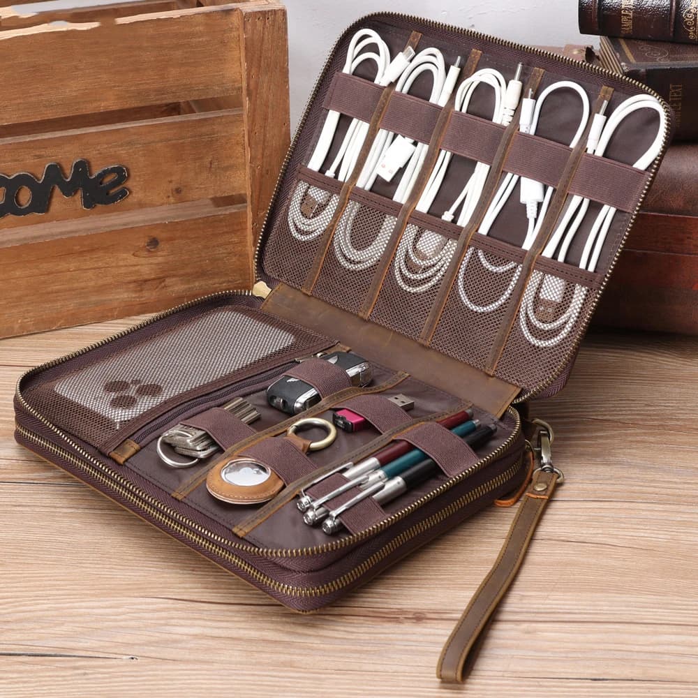 Full Leather Travel Cable Bag Electronic Organizer Transport Bag Power Bank Men's clutch bag