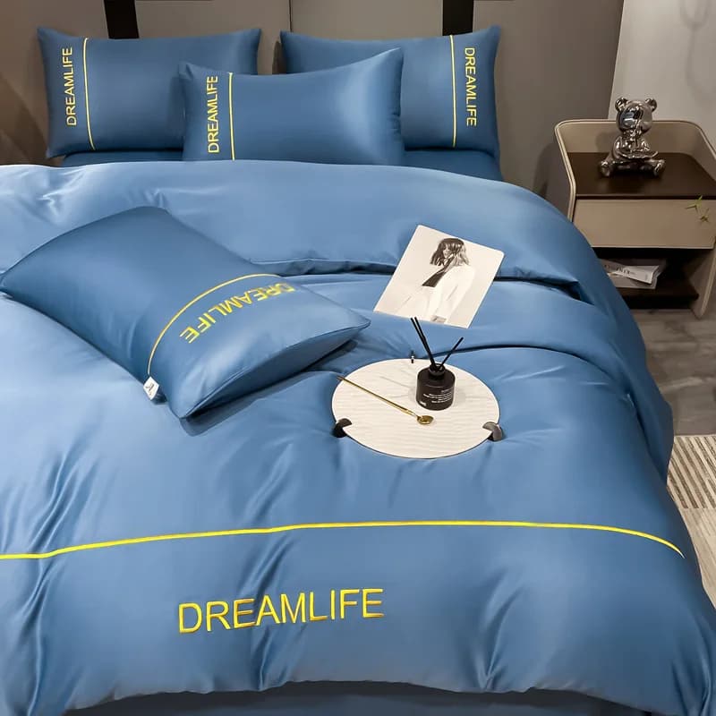 Set of summer bed linen with silk satin embroidery, sheet with corners in fresh silk, headdress, pillowcase, natural and cosy bed set for a good sleep