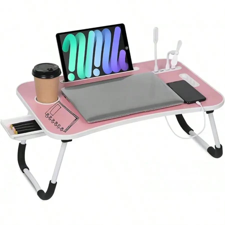 Foldable Laptop Table For Bed - Portable Adjustable Desk With Cup Holder,Storage Drawer - Multi-Function Laptop Tray For Sofa,Floor & Outdoor Use (Black)