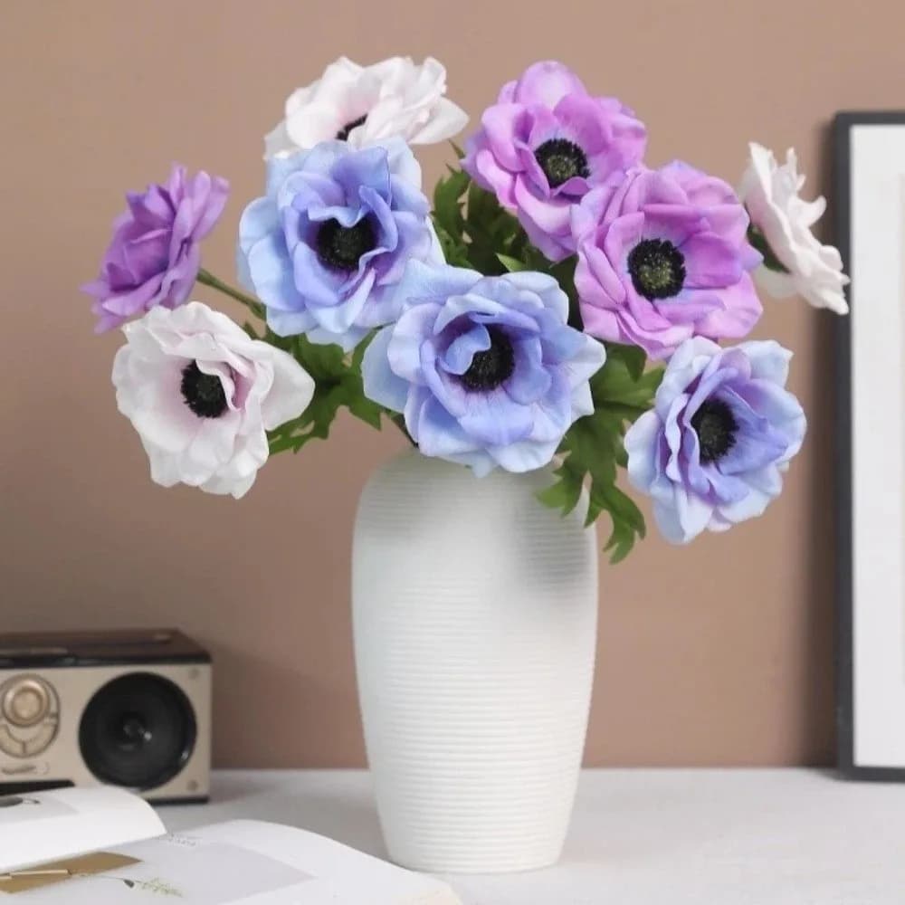 Anemone Artificiale Realistico al Tatto, Fiori di Anemone in Seta Fatti a Mano, Piante Finte Realistiche in Plastica per Decorazione Casa