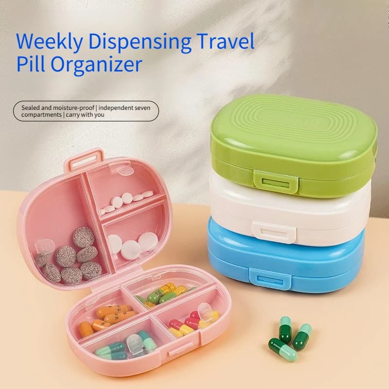 7-Compartment Pill Organizer Box Portable Weekly Medicine Case Moisture-Proof Supplements Vitamins Storage Container for Travel