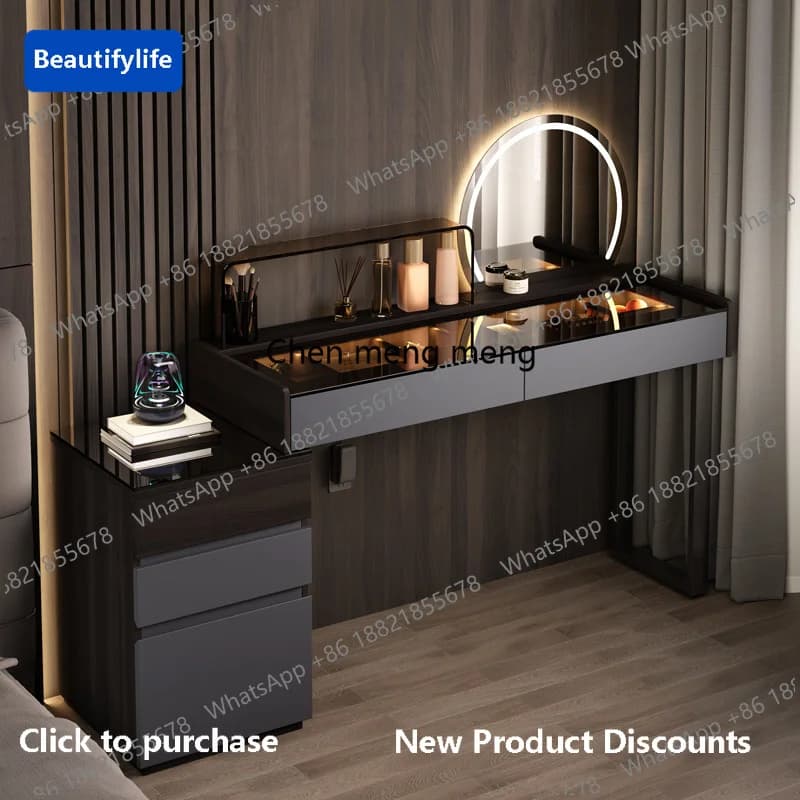 C139 Sgabello a Specchio con Cassetti Portaoggetti, Tavolo da Trucco Nordico, Scrivania per Makeup, Mobili Estetici per Camera da Letto