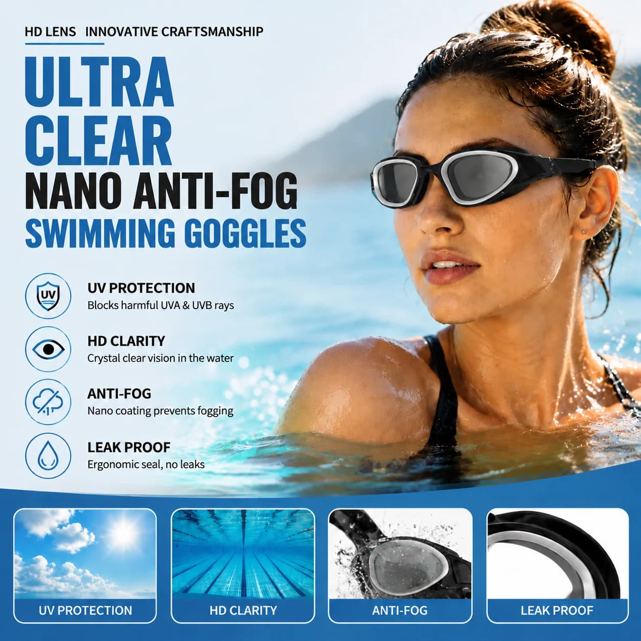 Occhialini da Nuoto Ultra-Resistenti Antiappannamento per Adulti, Visione HD, Protezione UV, Guarnizione in Silicone Confortevole, Anti-Perdita d'Acqua