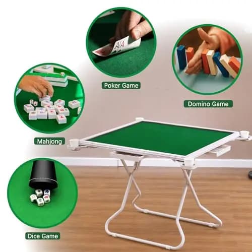 Four-Player Portable Folding Game Table With Green Felt Surface, Built-In Cup Holders And Tile Trays For Mahjong, Poker,