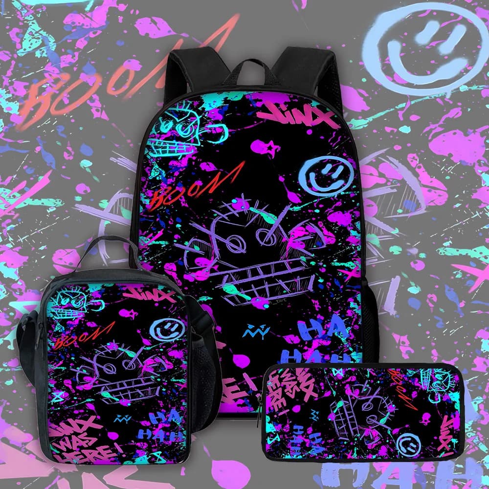 Cartoon Games Child School Backpack with Lunch Bags ,Pencil Bags ,School Bags for Boys J-JinxS Graffiti Girls Best Gift