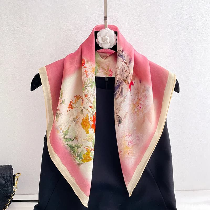 Women's Pink Silk Cotton Scarf with square neck, wrapping for head, head, sun protection, summer accessory, beach, luxury spring holidays