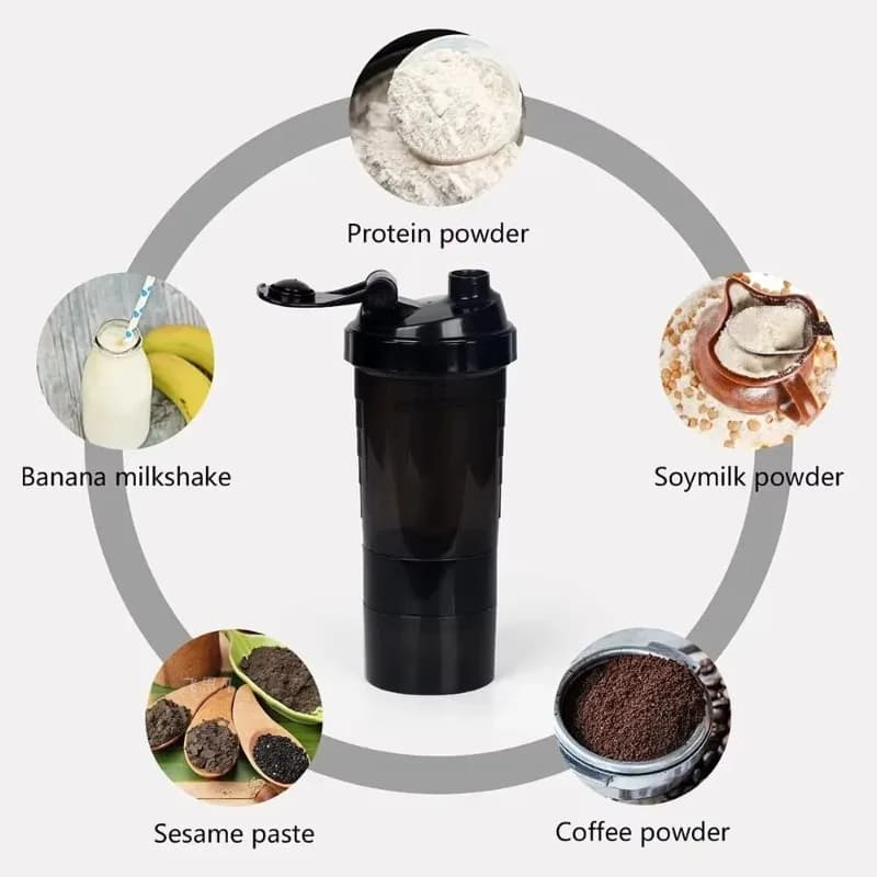 3-Layer Plastic Mix Shaker Bottle for Gym Fitness Training Bodybuilding Portable Water Cup Protein Powder Blending Container