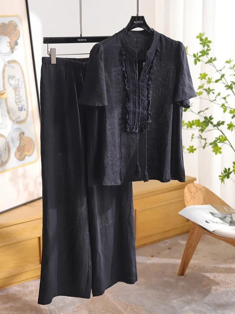 Set Due Pezzi di Lusso in Lino 100% Stile Vacanza: Top Drappeggiato con Cintura e Pantaloni a Zampa d'Elefante - Moda Donna