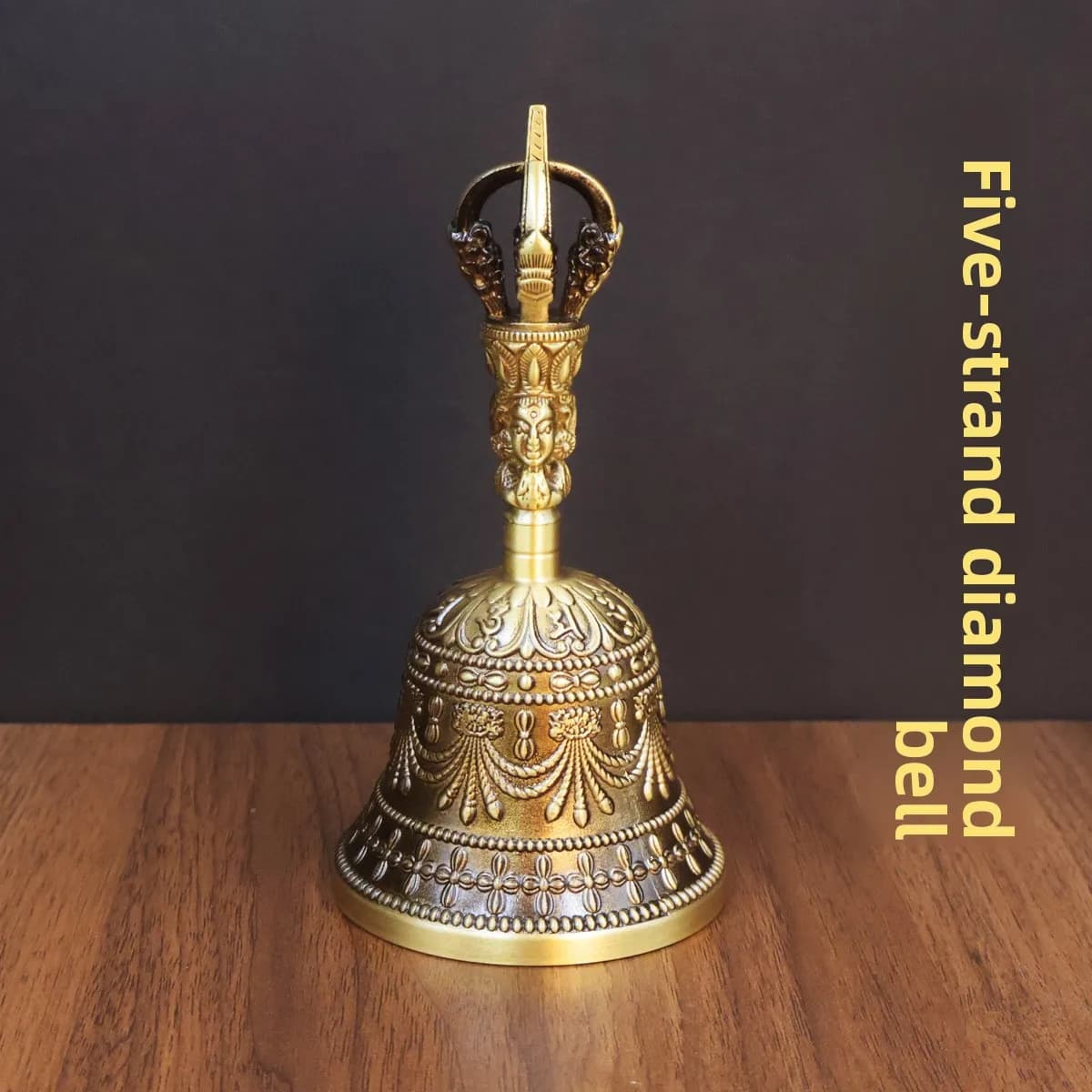 Tibetan Lama Handheld Bell, Three-Headed Vajra Design, Six-Syllable Mantra Brass Craft