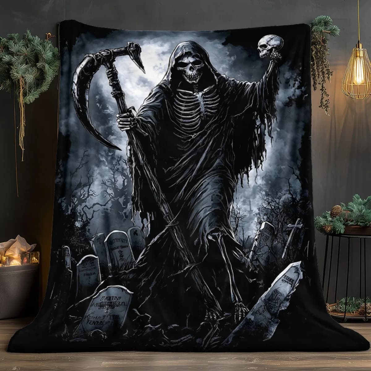 Coperta Grim Reaper Scythe da 1 pezzo - Stampa digitale su flanella leggera per divano letto, viaggi, campeggio, soggiorno, ufficio